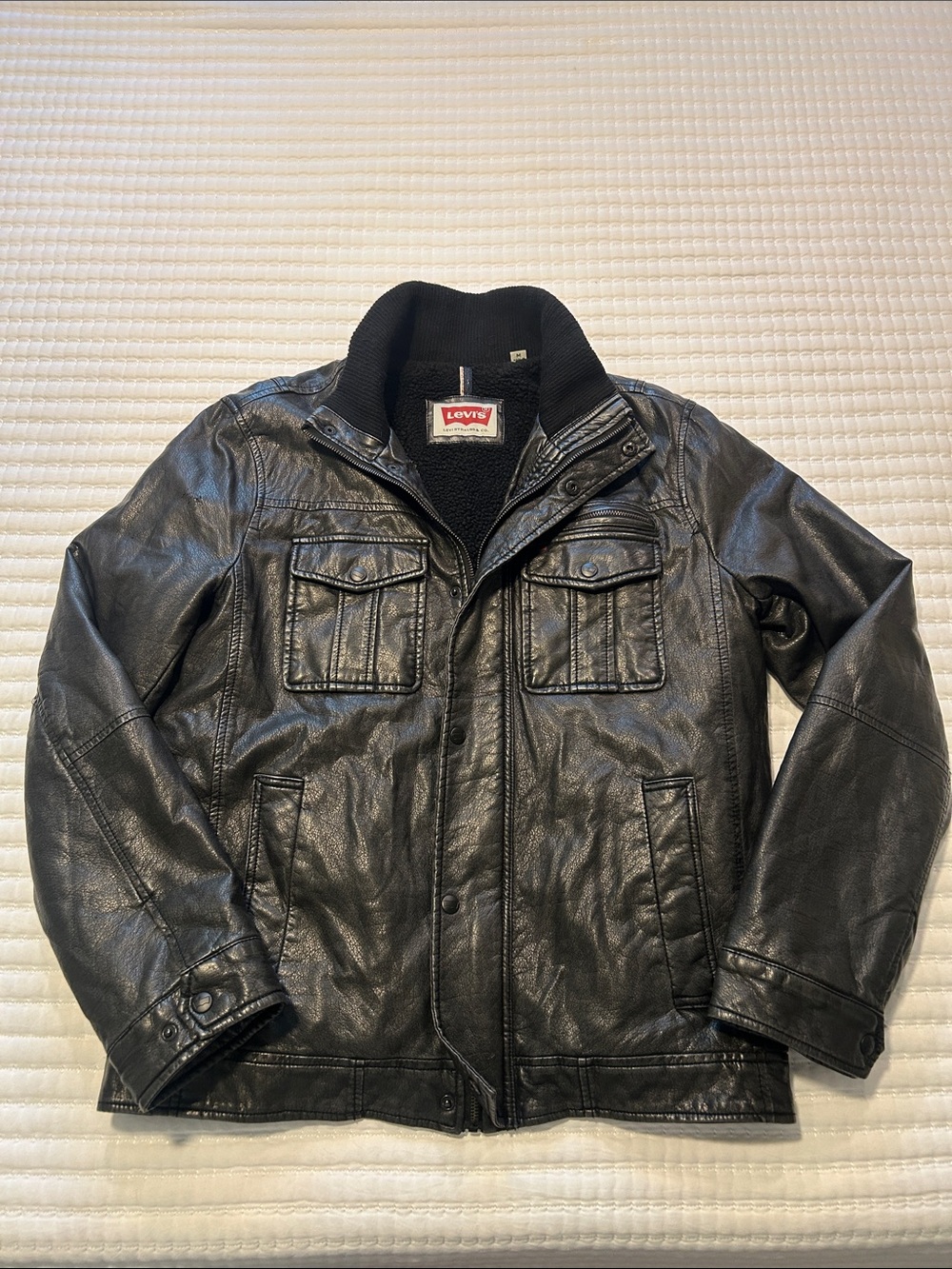 Levi's Black Faux Leather Bomber Jacket with Sherpa Lining Medium